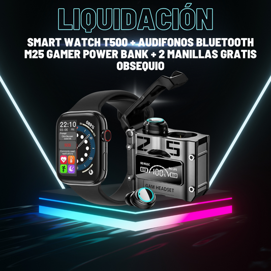 🕒 Smartwatch T500 + 🎧 Audífonos M25 con Power Bank